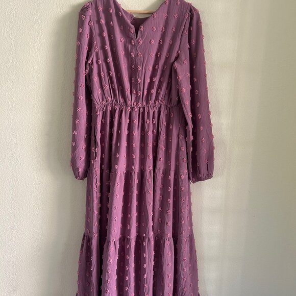 Zesica Dress Swiss Dot Tiered Maxi Womens Purple SZM Boho Style Long Sleeve - Picture 4 of 10